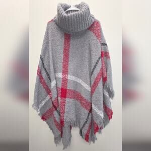 Cozy Gray and Red Turtleneck Sweater Poncho
